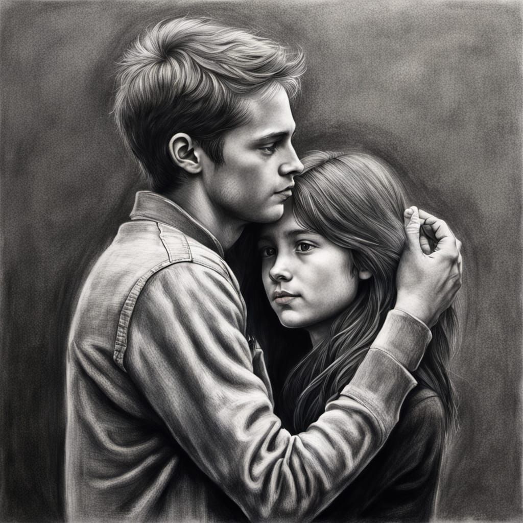 Hyperdetailed Charcoal Drawing of Two Figures in Love