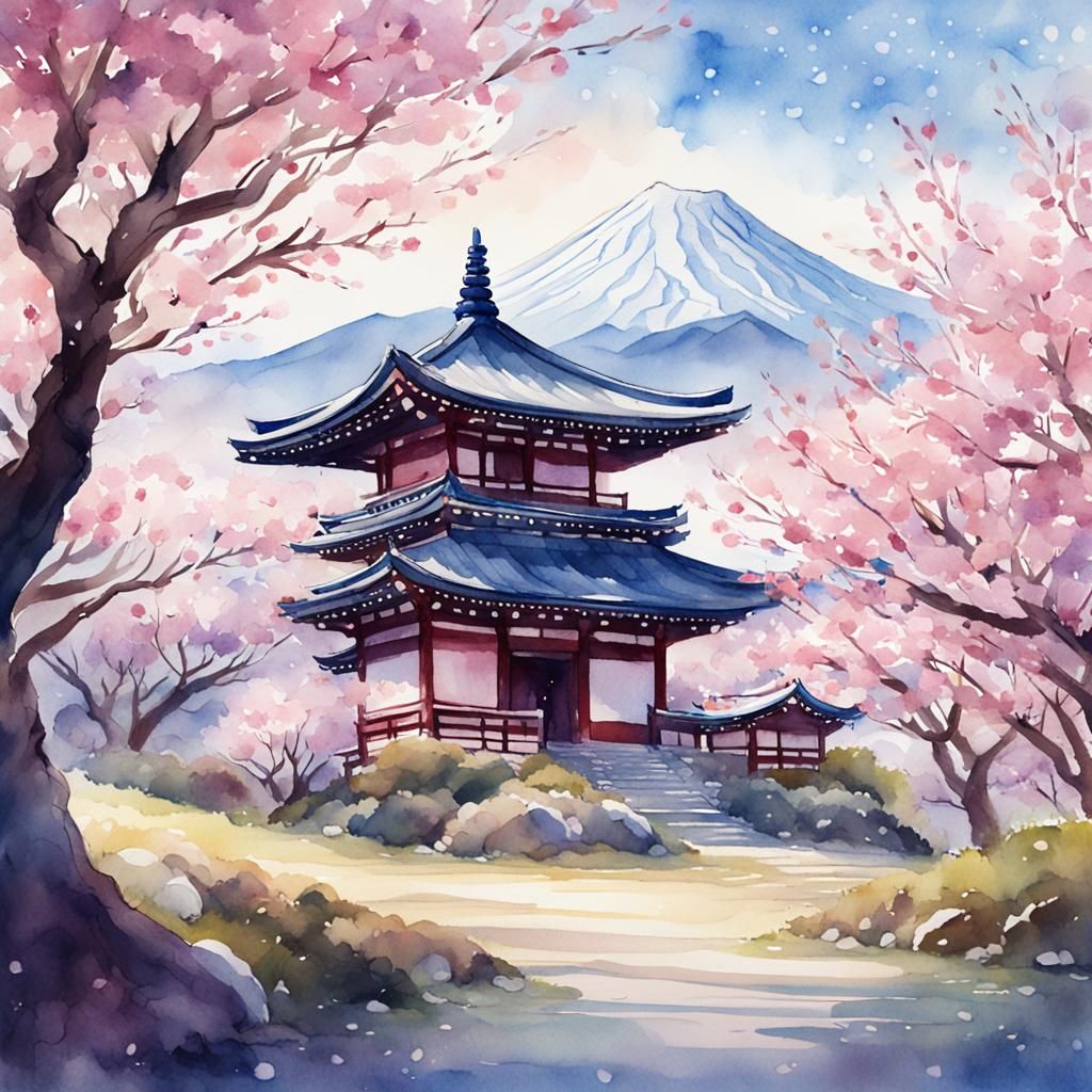 Serene Japanese Temple in Cherry Blossom Orchard