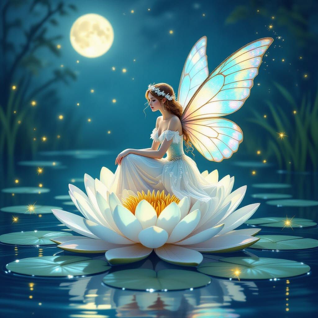 Moonlit Fairy on Water Lily in Ethereal Style