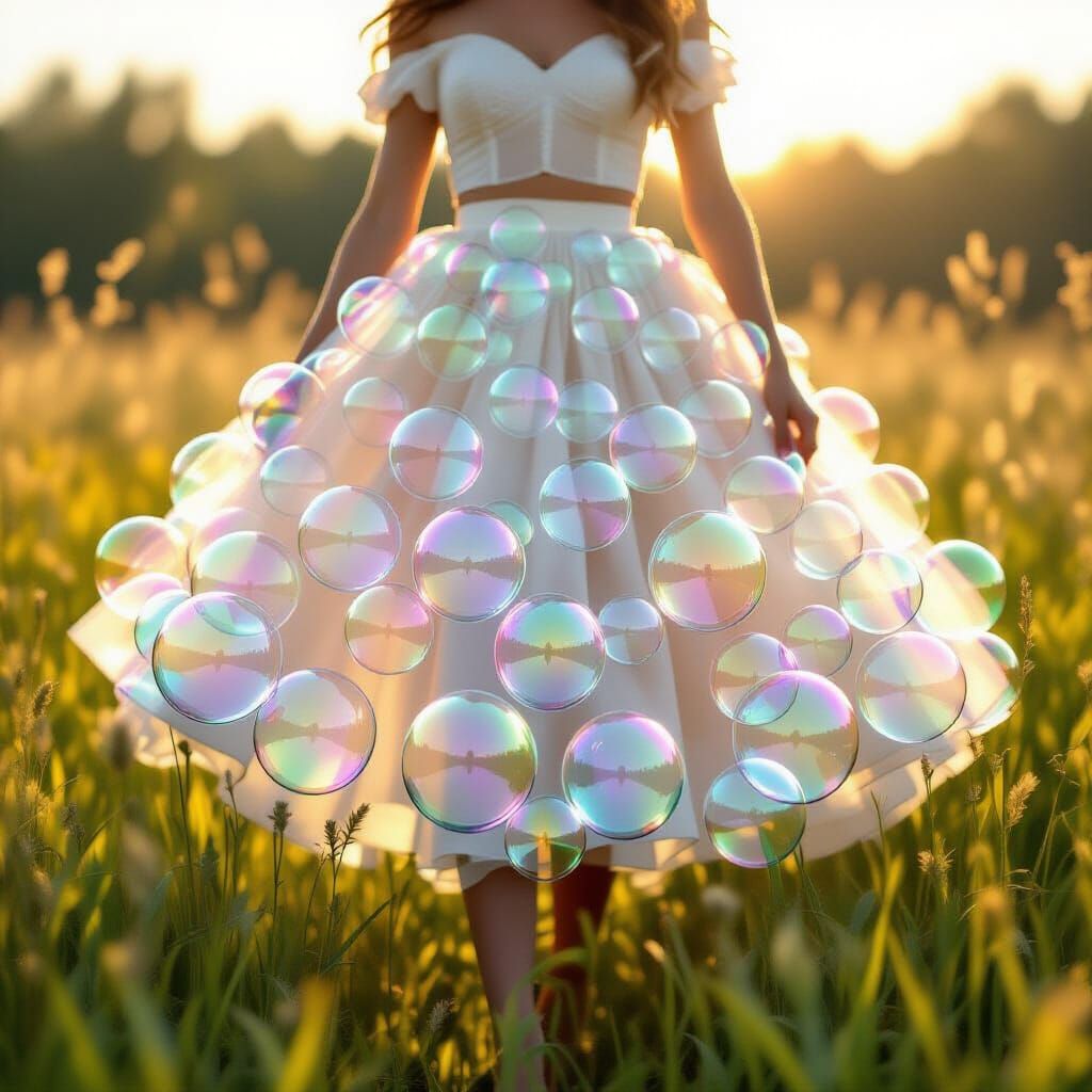 Woman's Skirt Made of Shimmering Soap Bubbles in Meadow