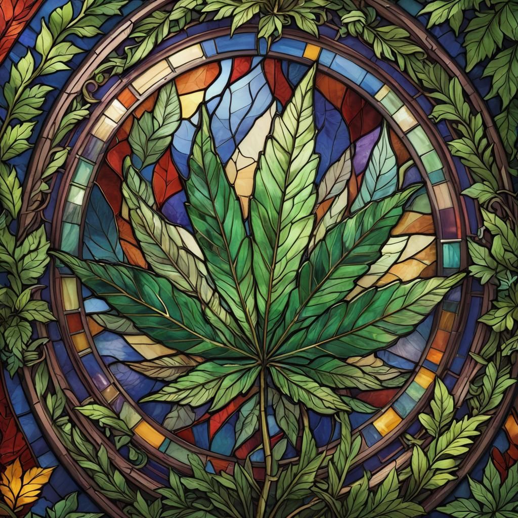 Colorful Stained Glass Cannabis Leaf Portrait