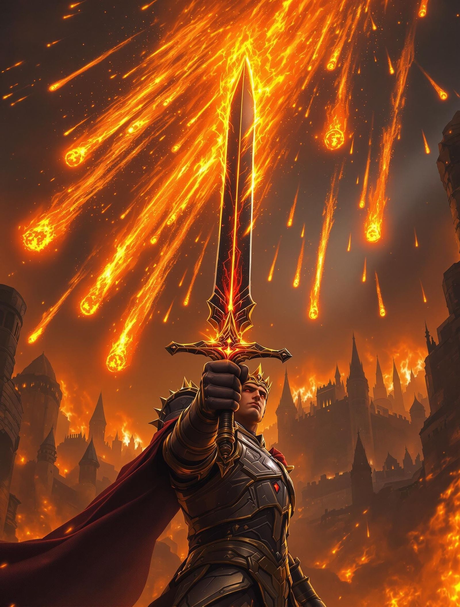 Heroic Warrior Holds Up Glowing Sword Amidst Celestial Chaos