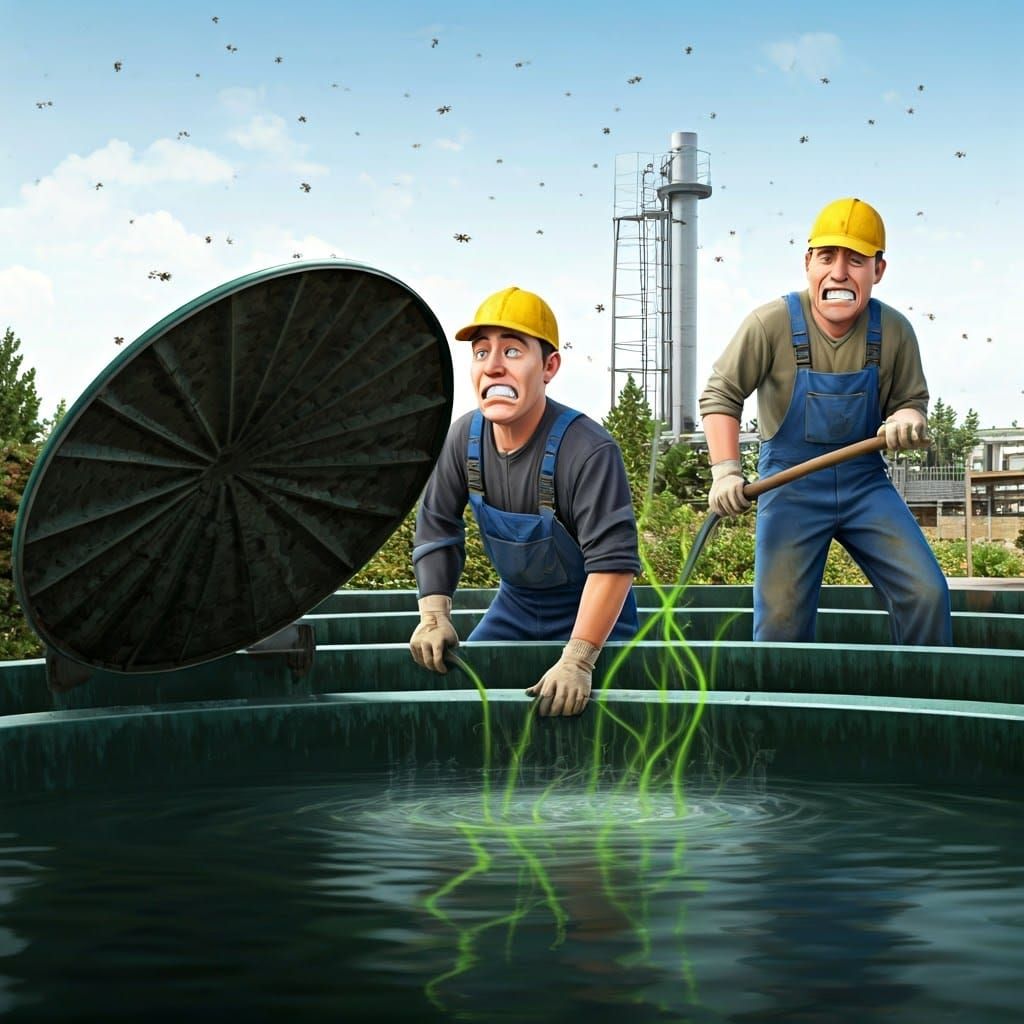 Septic Tank Cleaning Chaos in Photorealistic Comic Style