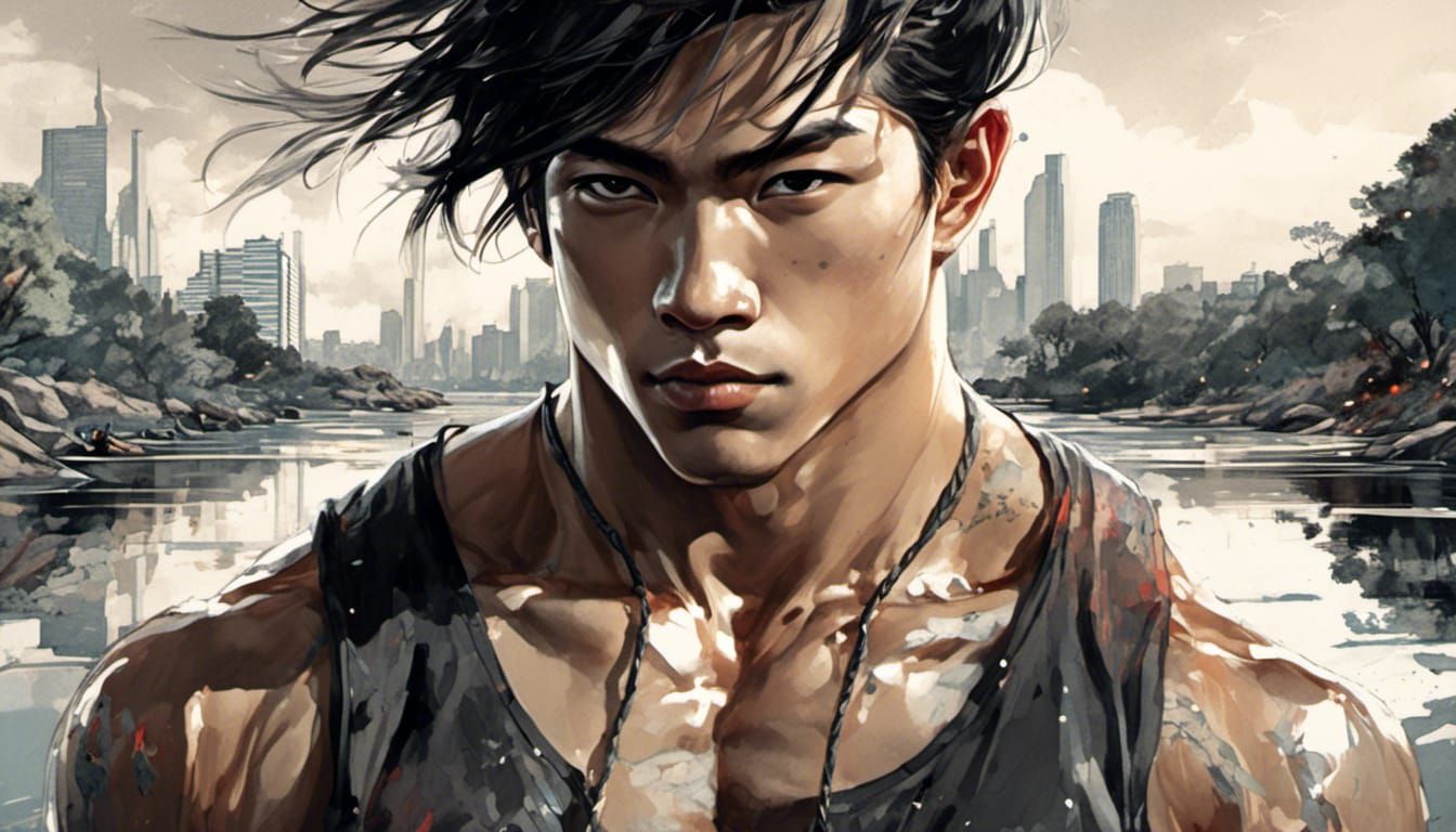 Asian Jock Portrait with Strong Expression in Watercolor