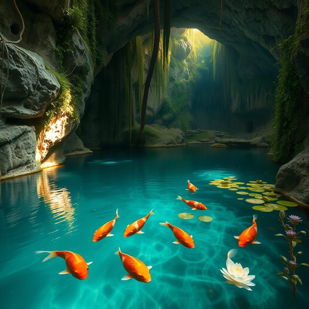 Majestic Cenote with Koi Fish in Turquoise Waters