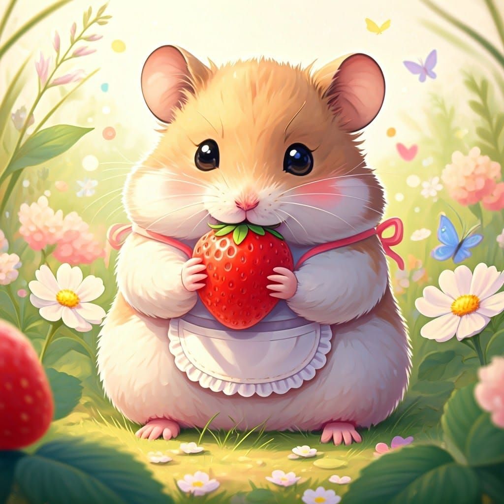 Hamster Eating Strawberry in Chibi Anime Style