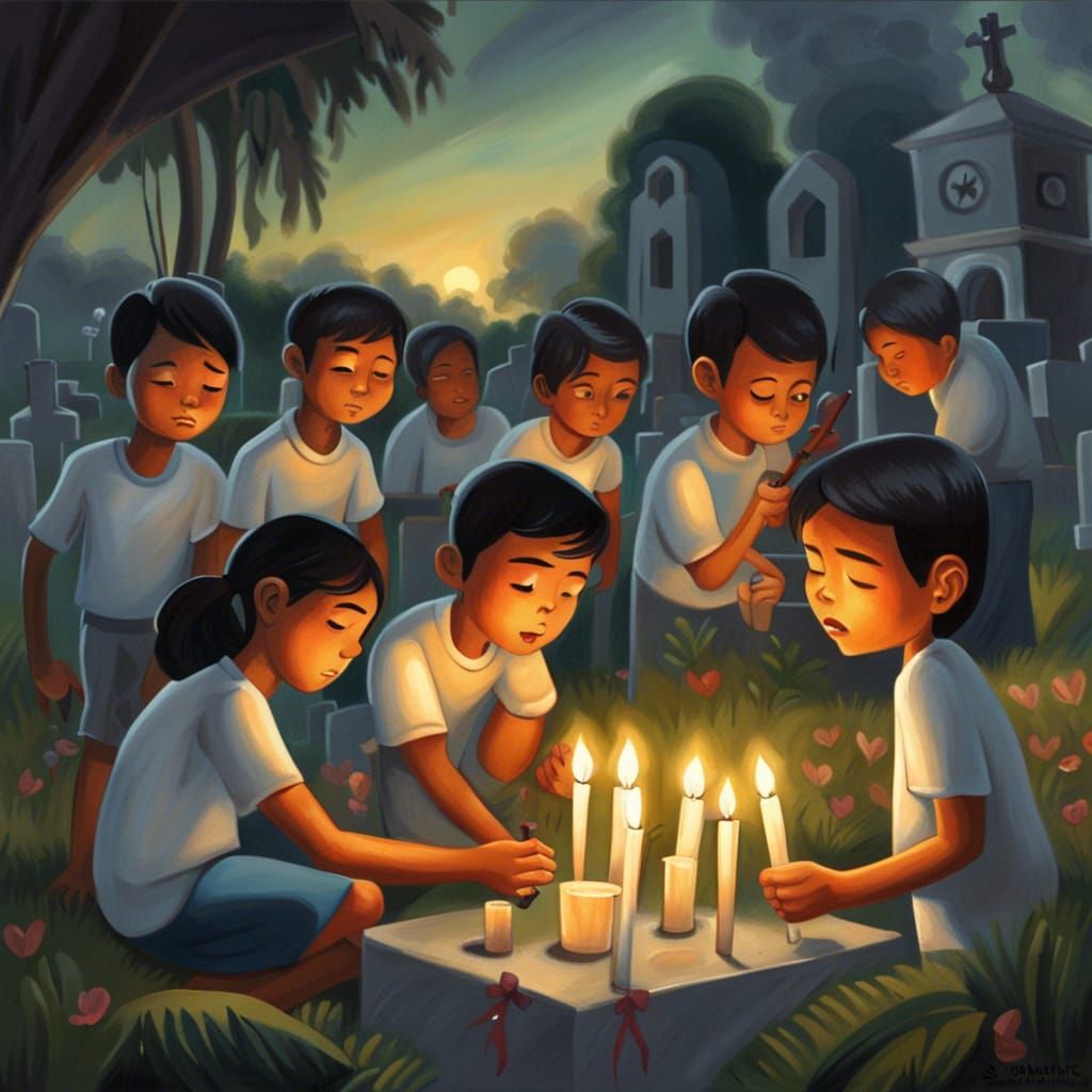 Filipino Youth Lighting Candles: Cartoon Oil Painting