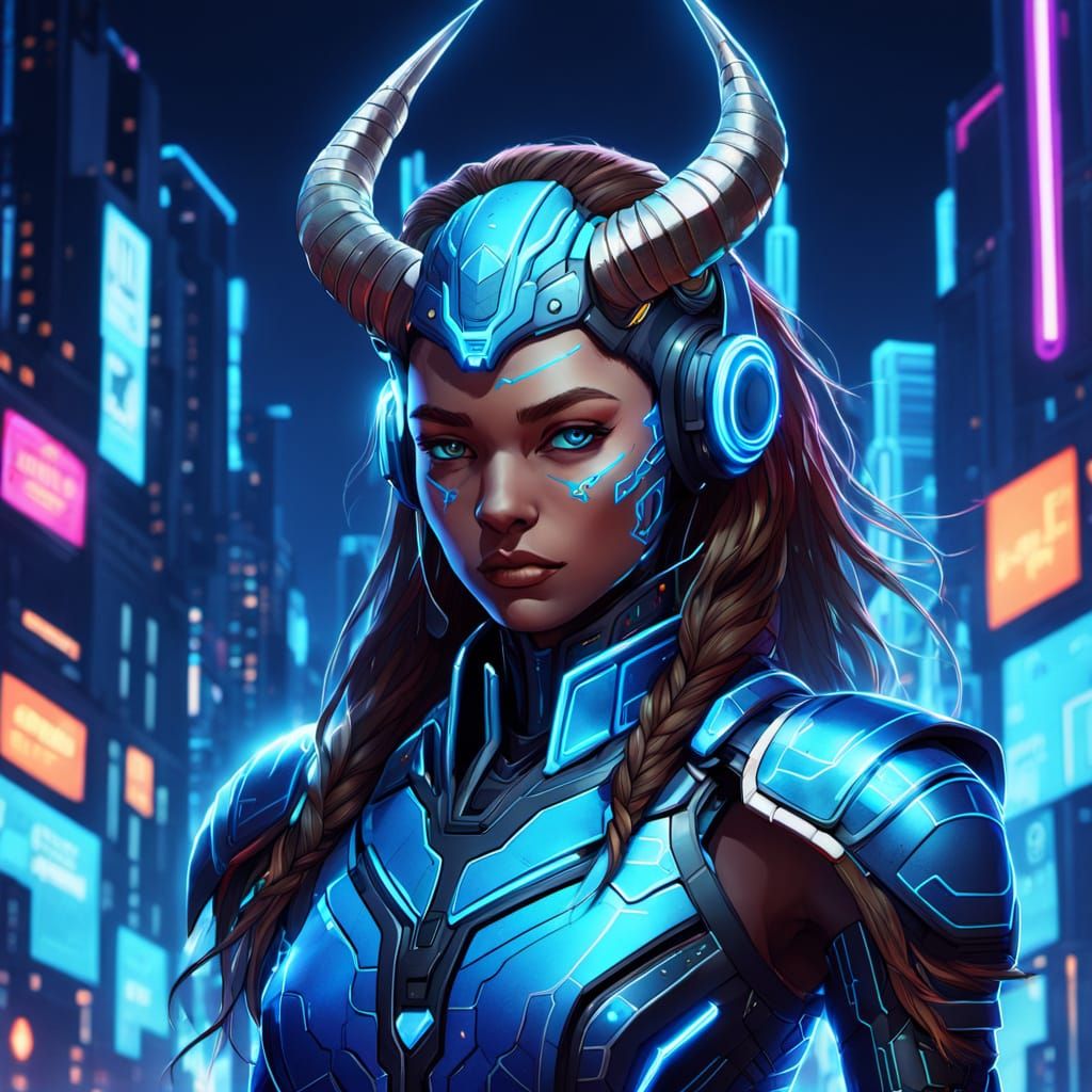 Female RamMan Concept Art with Glowing Circuits