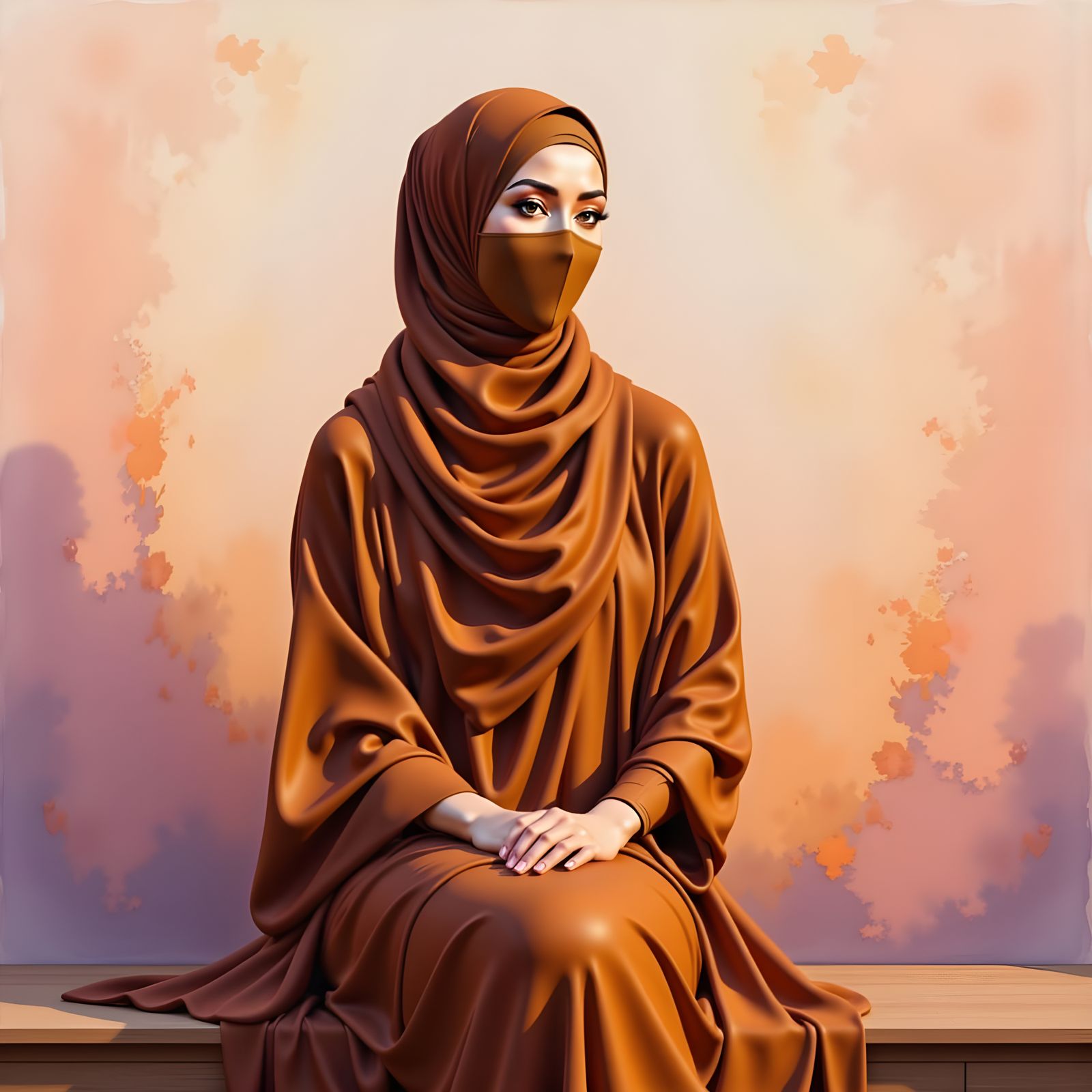 Serene Hijabi Woman in Golden Light, Loish Style