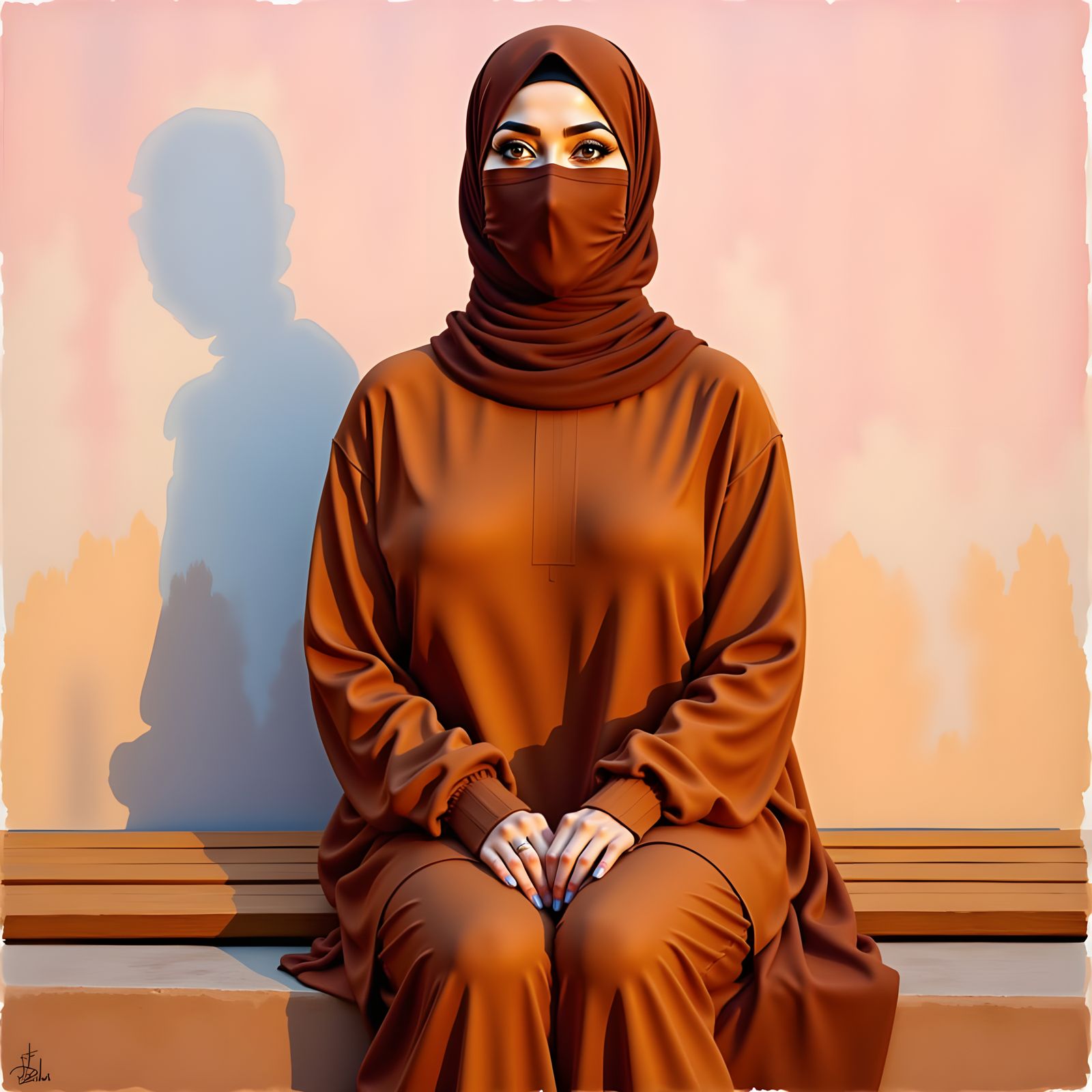 Serene Hijabi Woman in Oil-Gouache Style