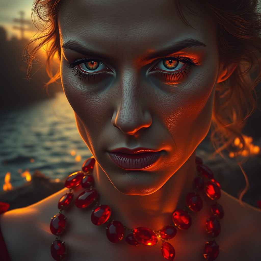 Fiery Woman with Rubies: Hyperrealistic Concept Art
