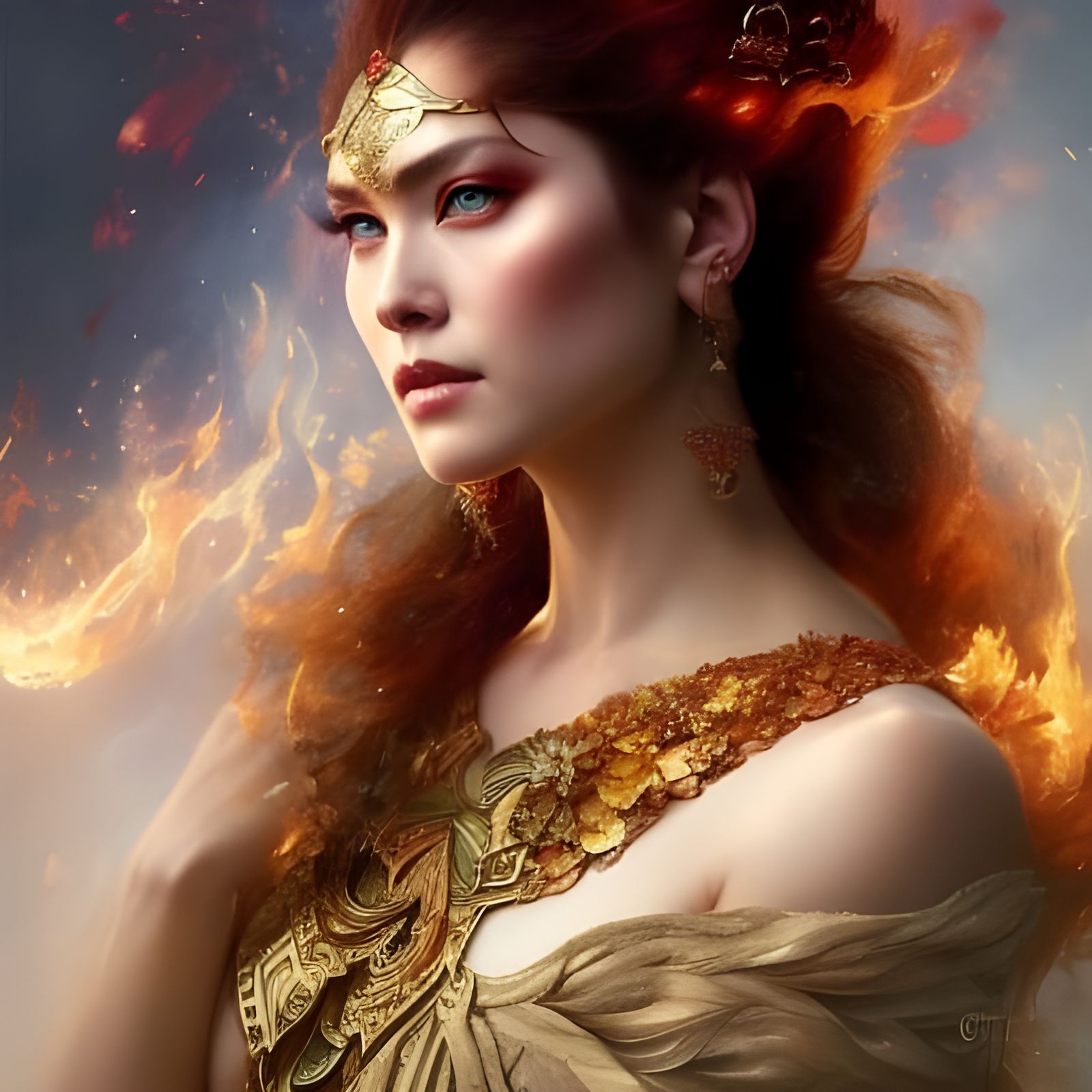 Fiery Ginger Goddess Portrait in Hyperrealistic Style