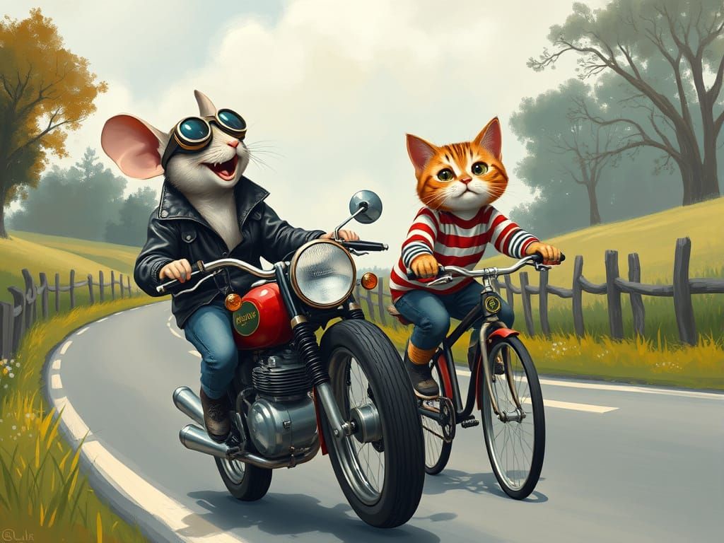 Mouse on Motorcycle Overtakes Cat: Gouache Painting