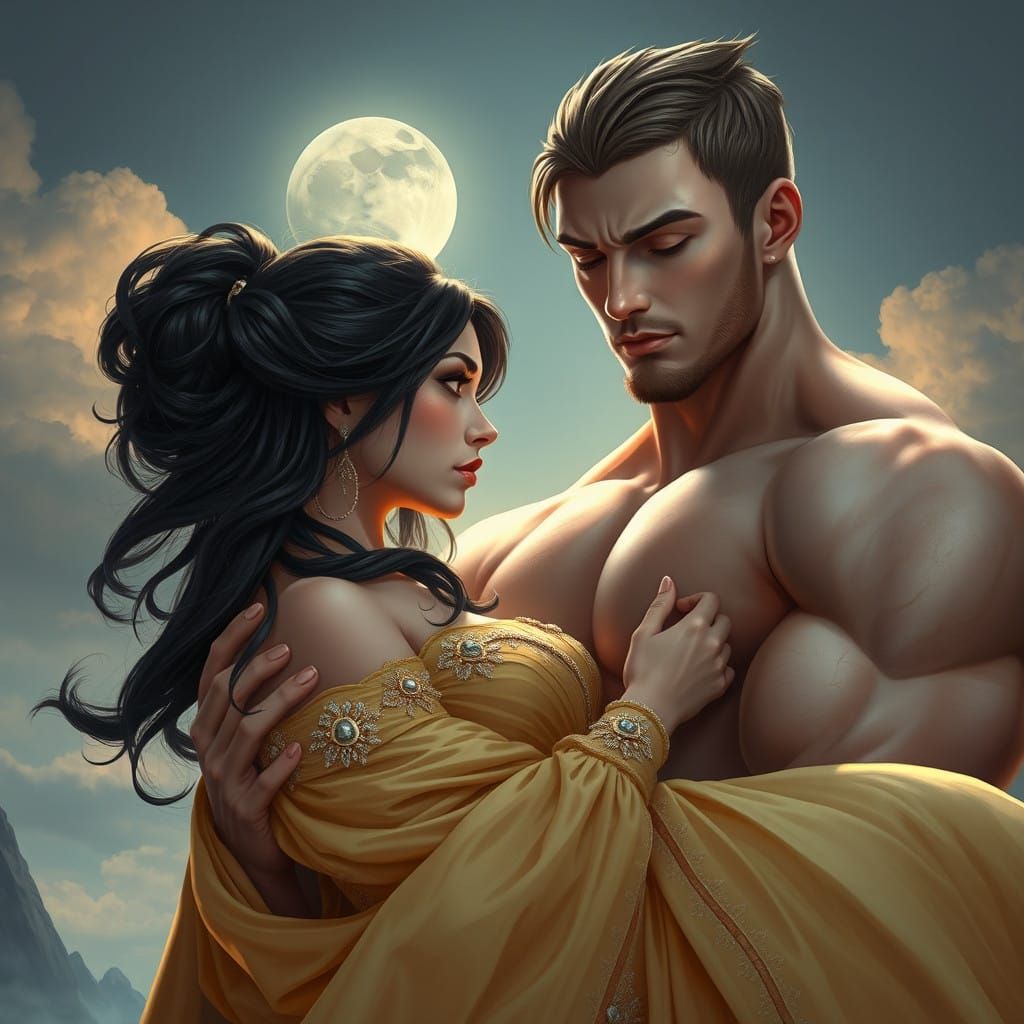 Regal Maiden in Moonlit Embrace with a Chiseled King in a Hi...