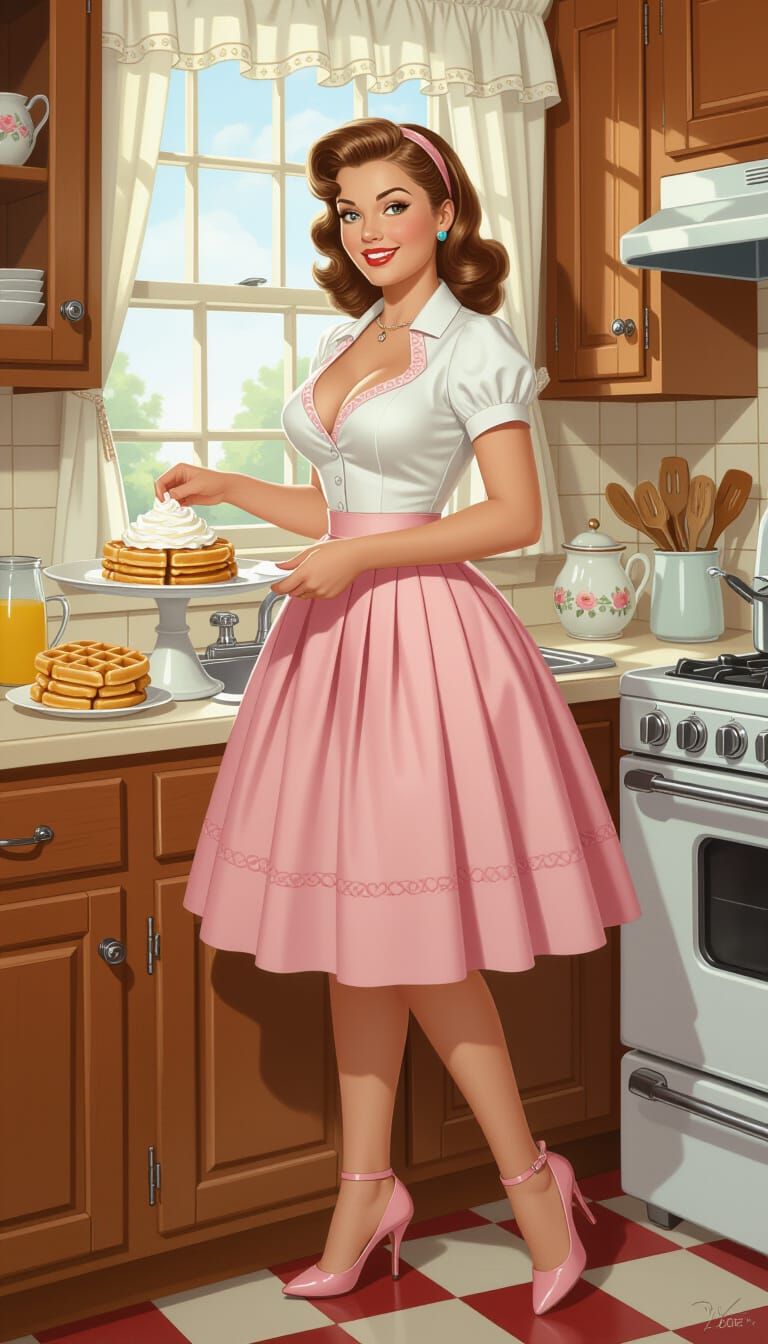 Chubby Tradwife Makes Waffles in 1950s Kitchen