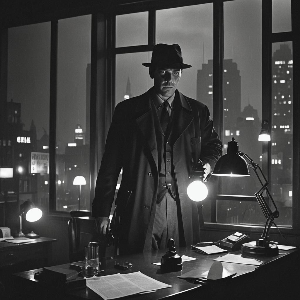 Film Noir Detective in Dimly Lit Room