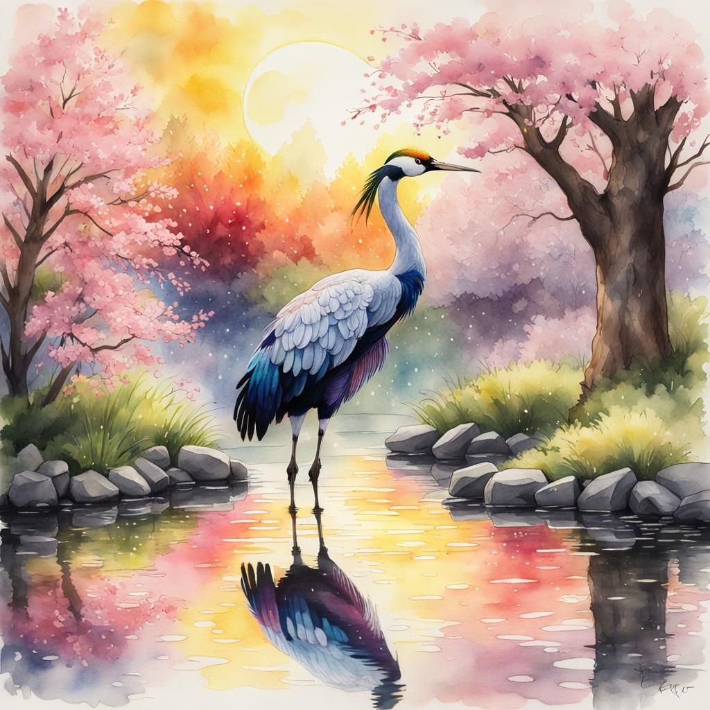 Rainbow Crane in Pond: Detailed Watercolor Painting