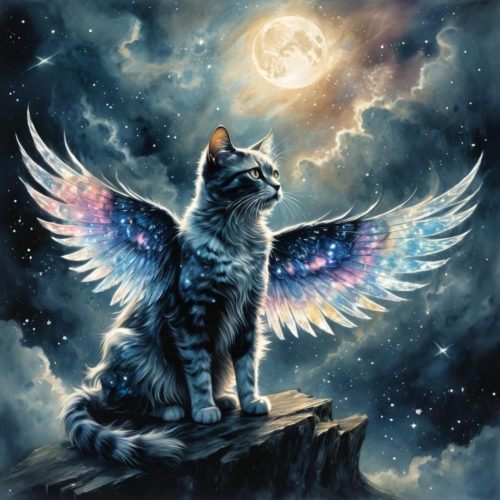 Winged Cat with Iridescent Wings in Fantasy Art