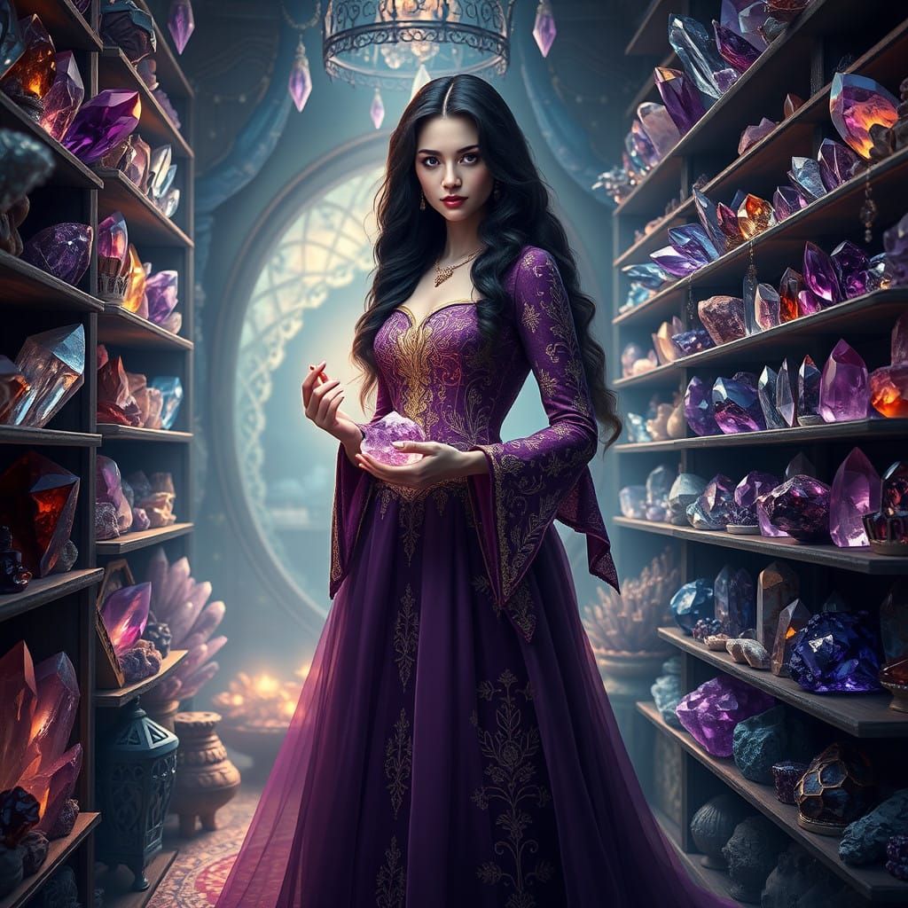 Regal Woman Surrounded by Crystal Shop in Whimsical, Atmosph...