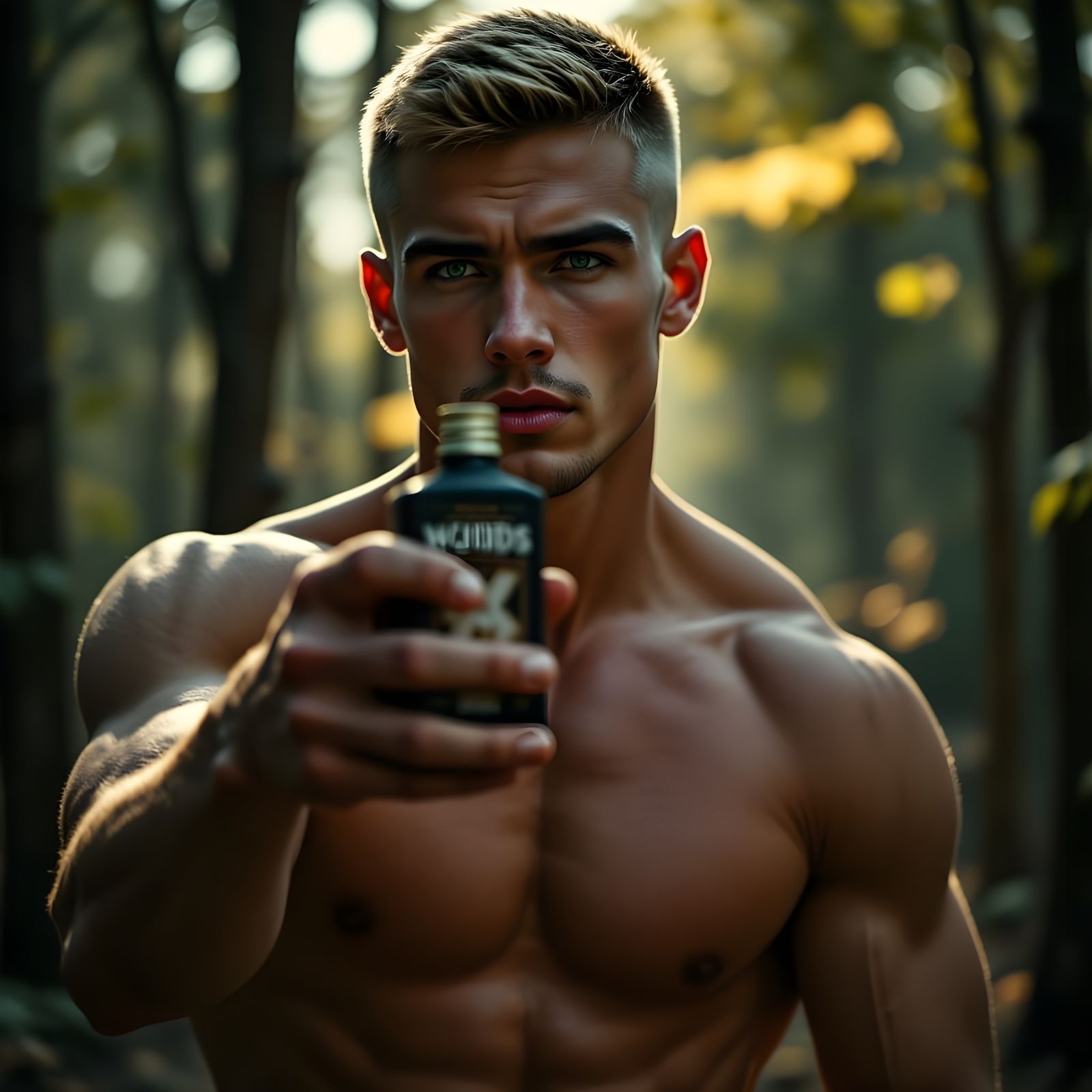 A Shirtless Man Embracing the Wilderness in Cinematic Style