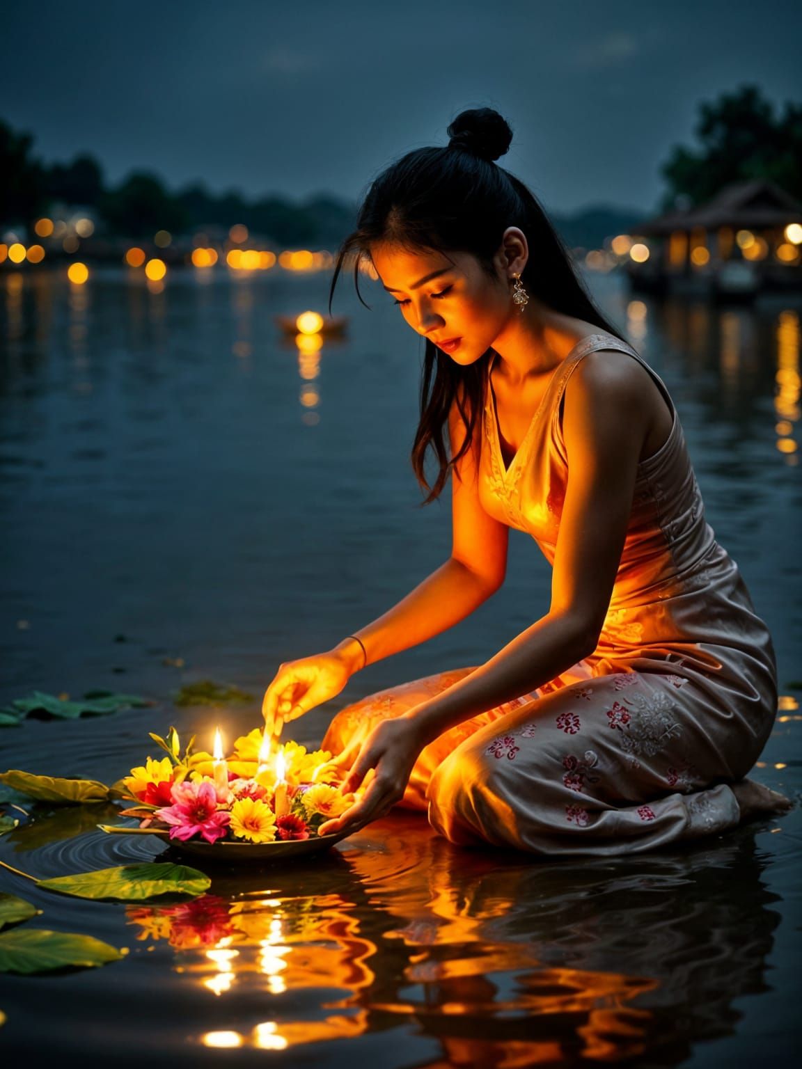 Thai Woman Releases Glowing Krathong on a Festive River