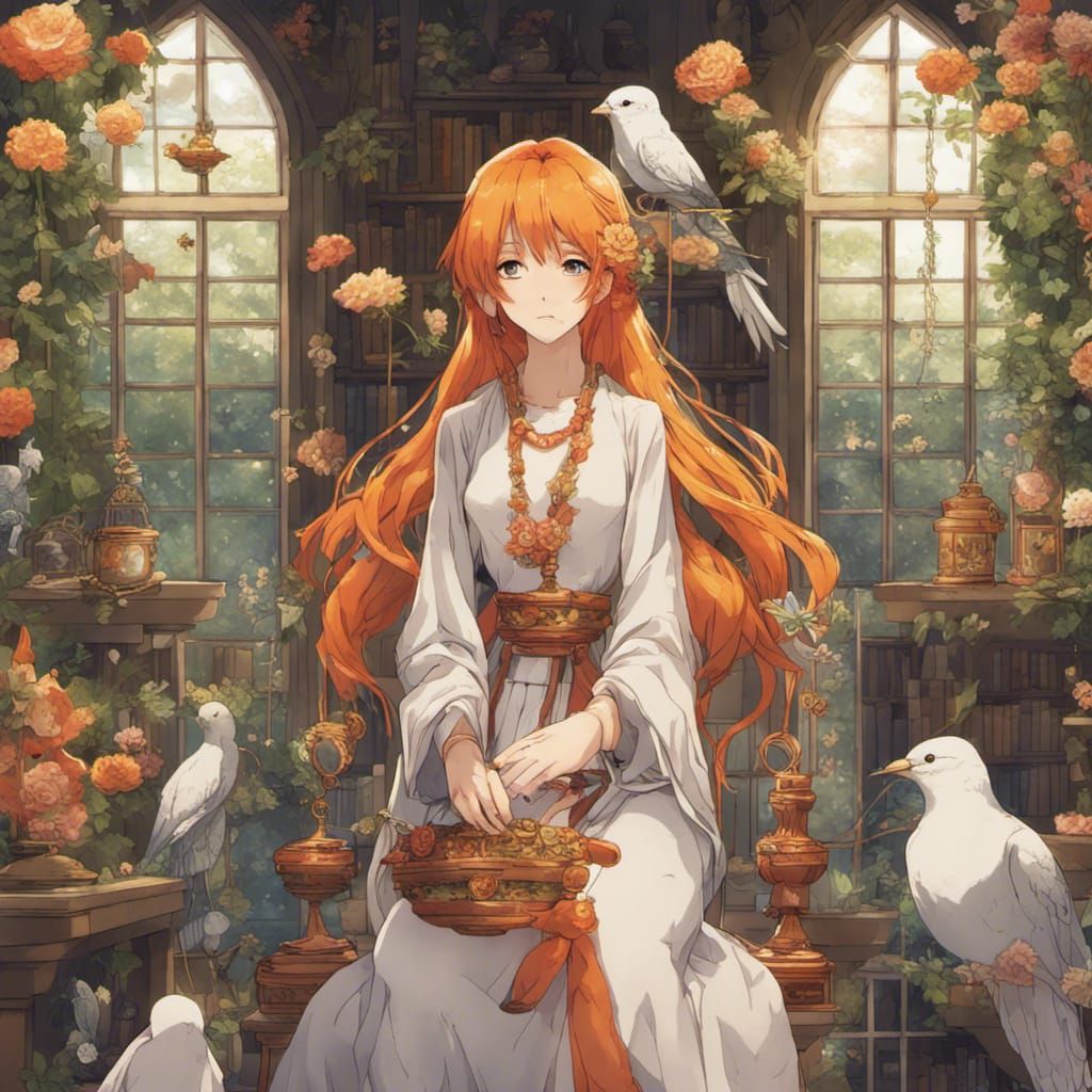 Anime Saint with Braids and Magic in Garden