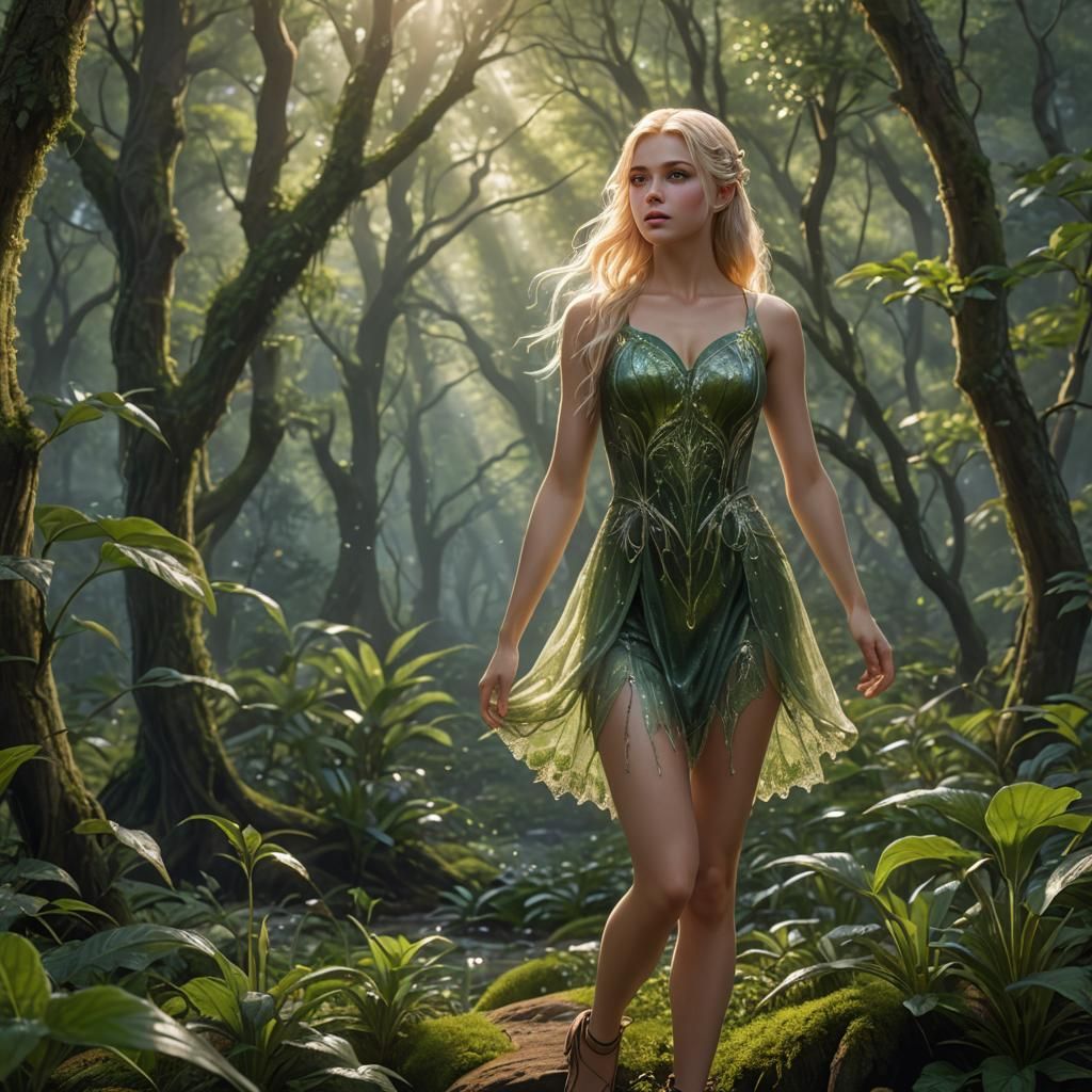 Hyperrealistic Elf in Dew Covered Forest