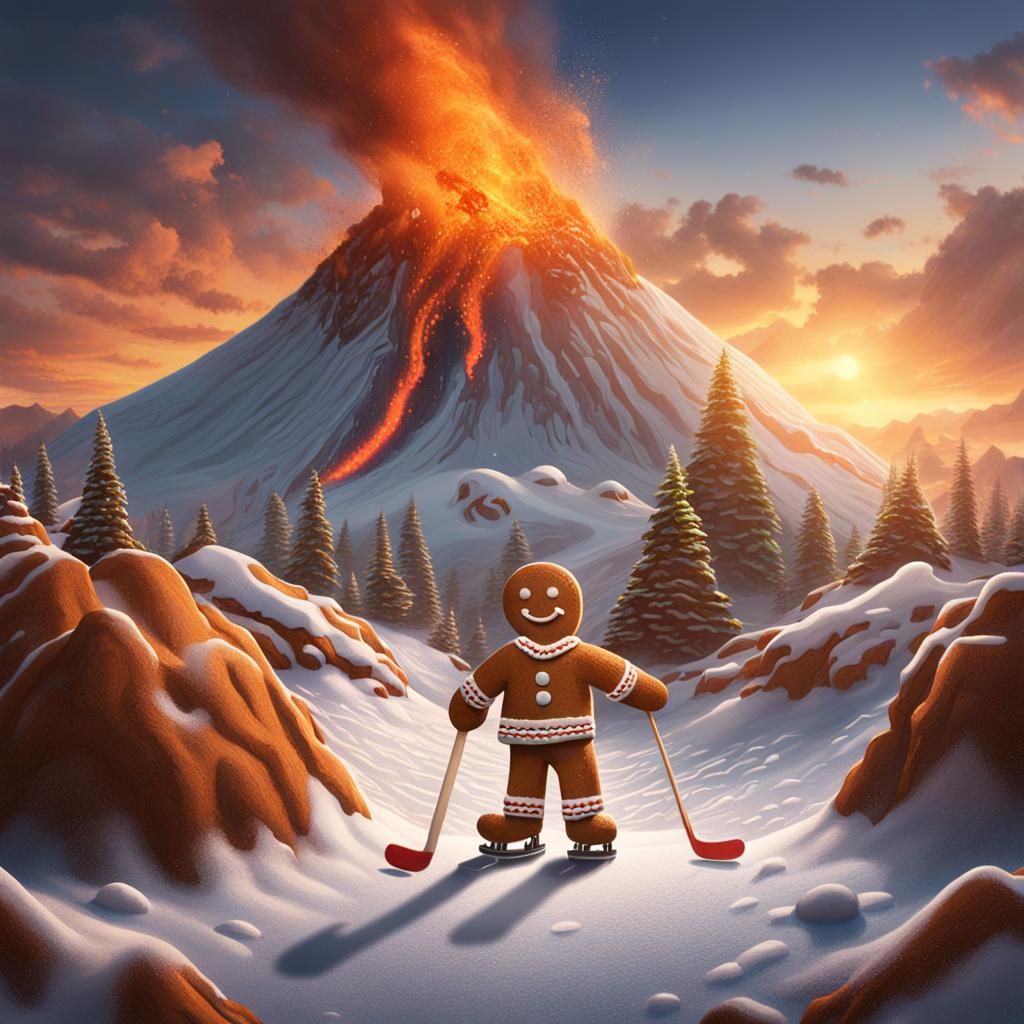 Gingerbread Man Plays Hockey on Volcano: Hyperrealistic Art