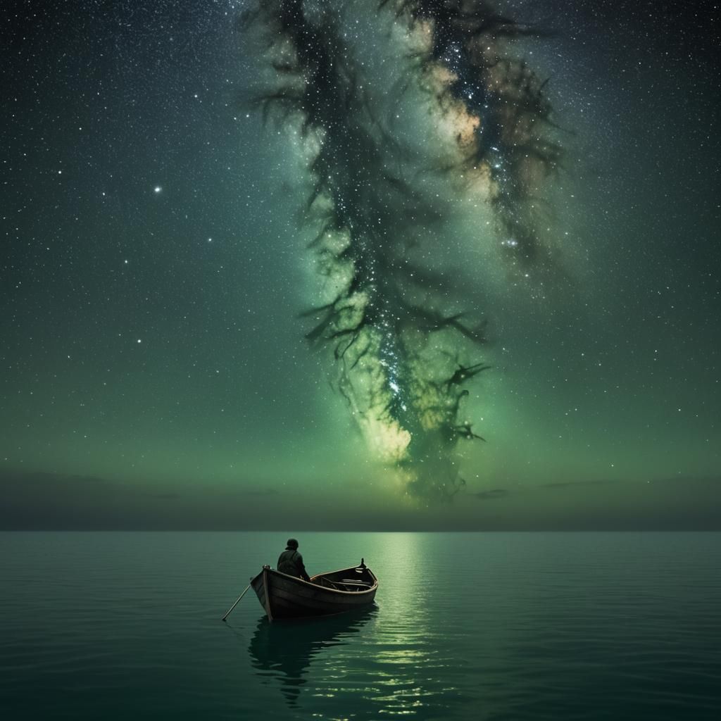 Lone Figure Adrift on a Starry Ocean