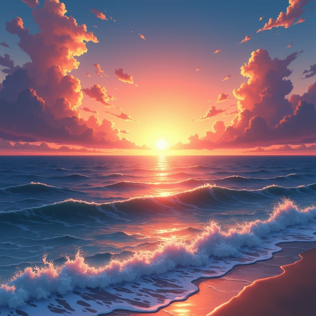 Anime Sunrise Over Tranquil Ocean Horizon