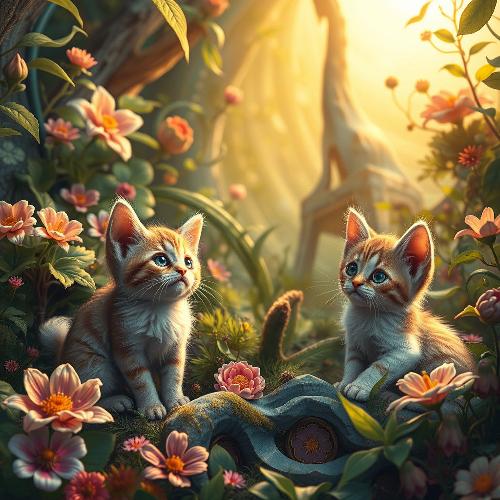 Kittens in Mystical Realm as Digital Art