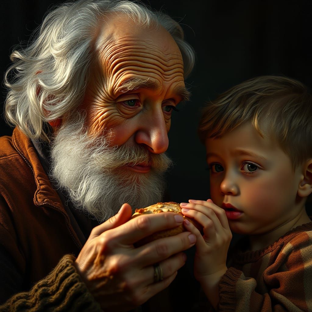 Loving Portrait: Man and Boy Sharing Bread