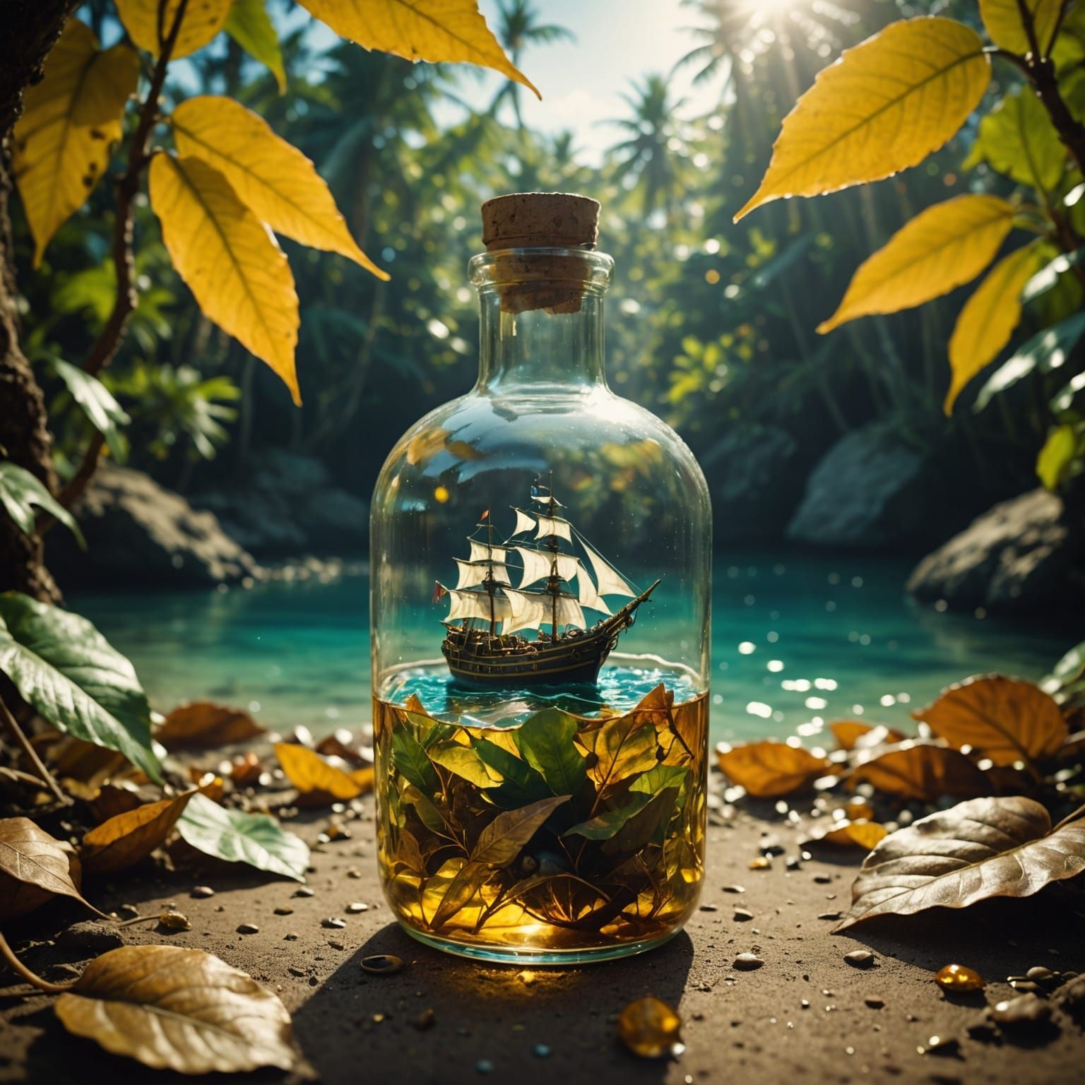 Pirate Sailing Liquid Gold Ocean Inside Bottle