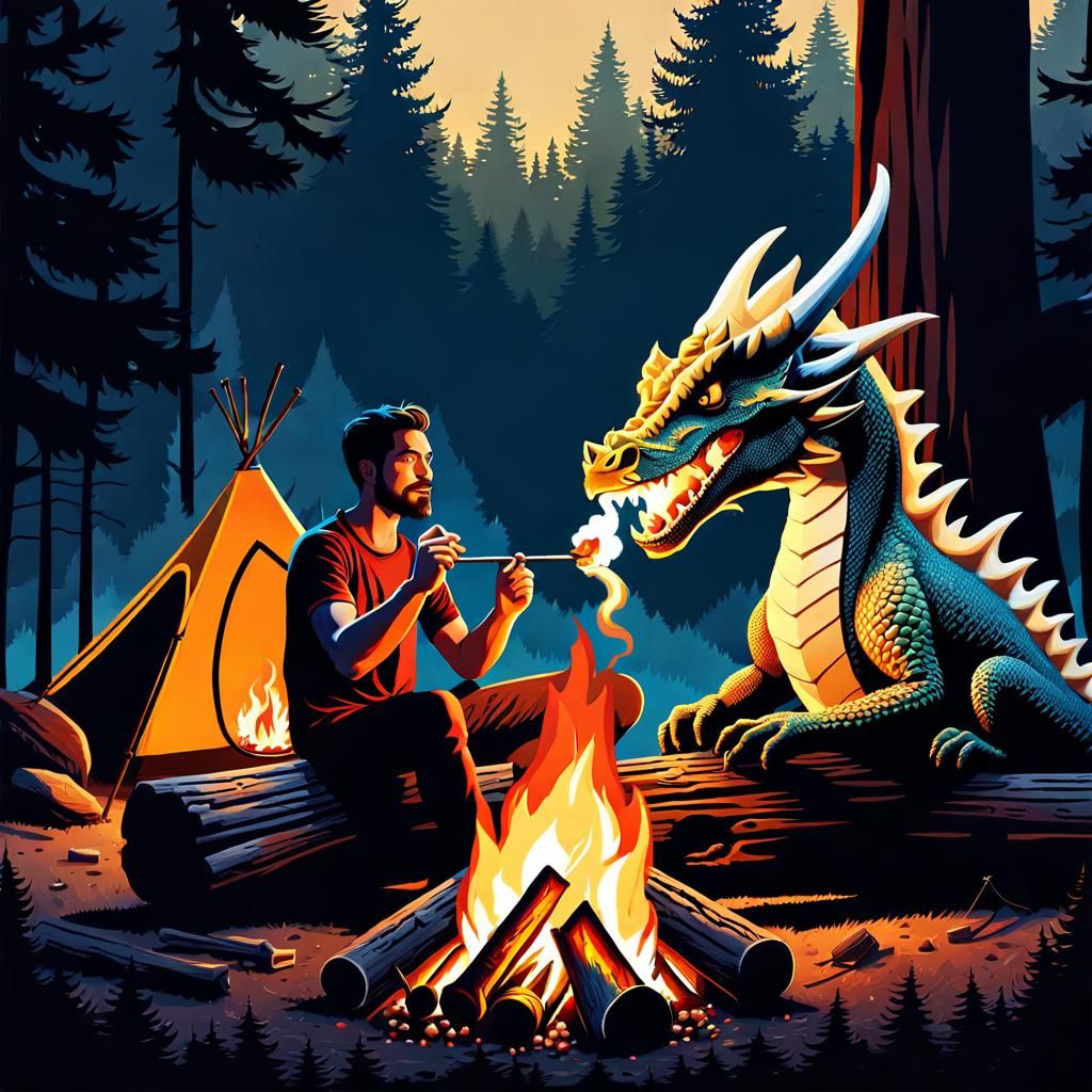 Friendly Dragon Roasting Marshmallow in Surreal Forest