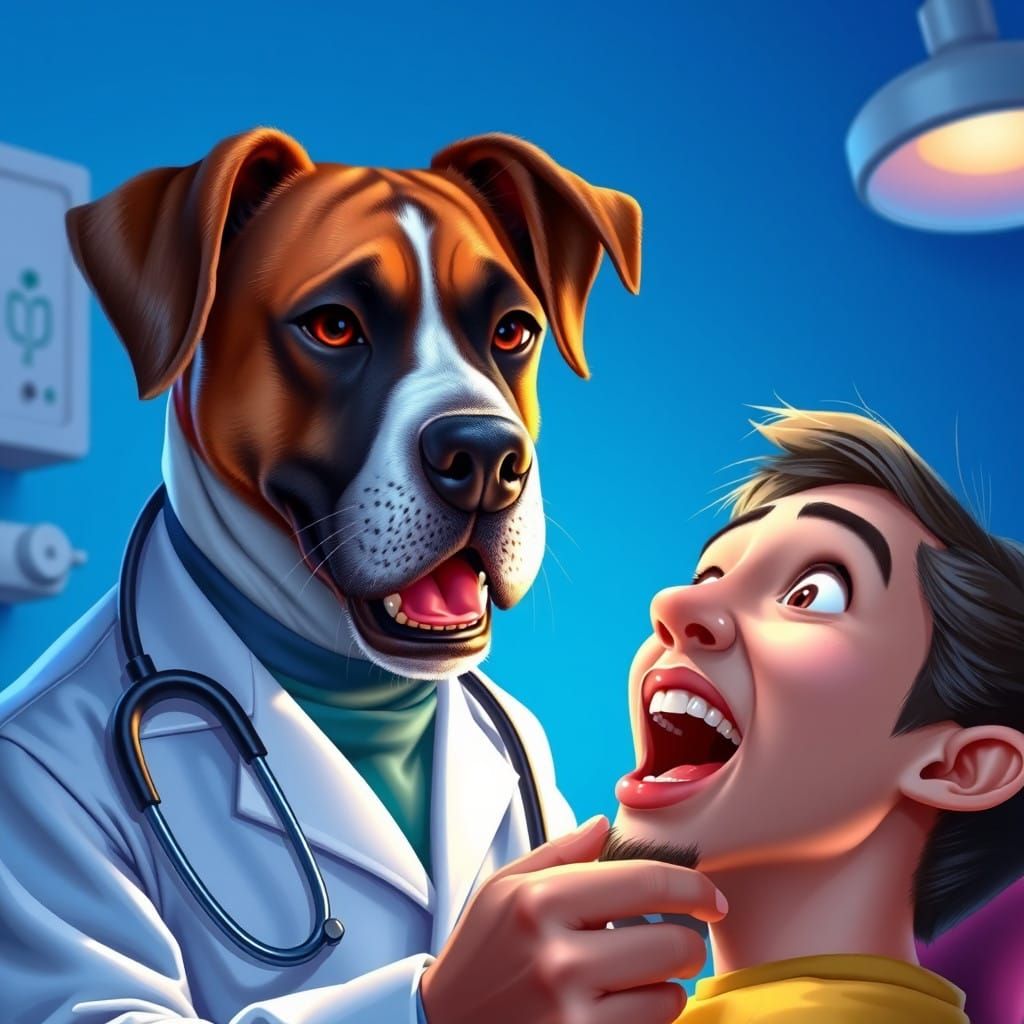 A Dignified Canine Dentist Examines a Startled Human Patient...