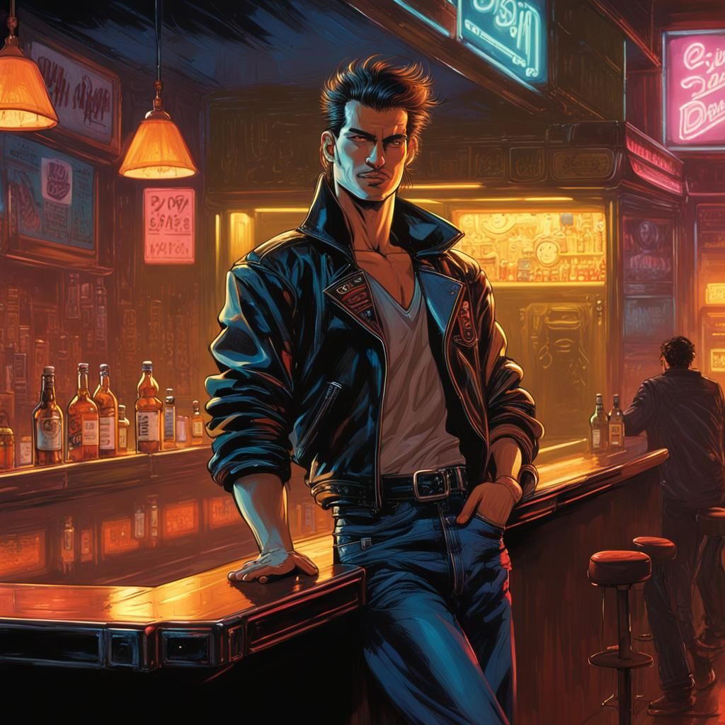 Gritty Cyberpunk Greaser in Dimly Lit Bar