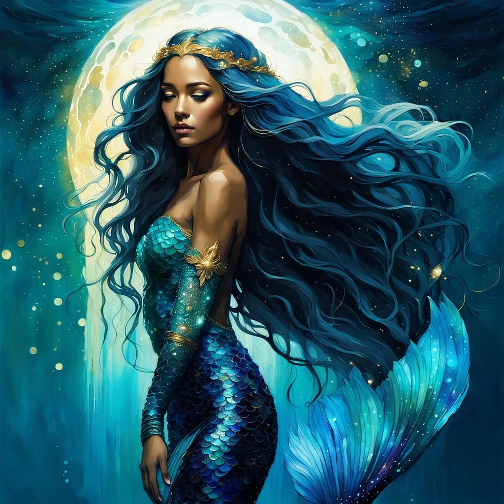 Cosmic Mermaid Goddess in Watercolor Style