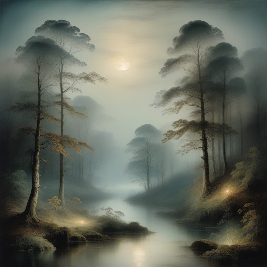 Misty Moonlit Forest Landscape in Romantic Style