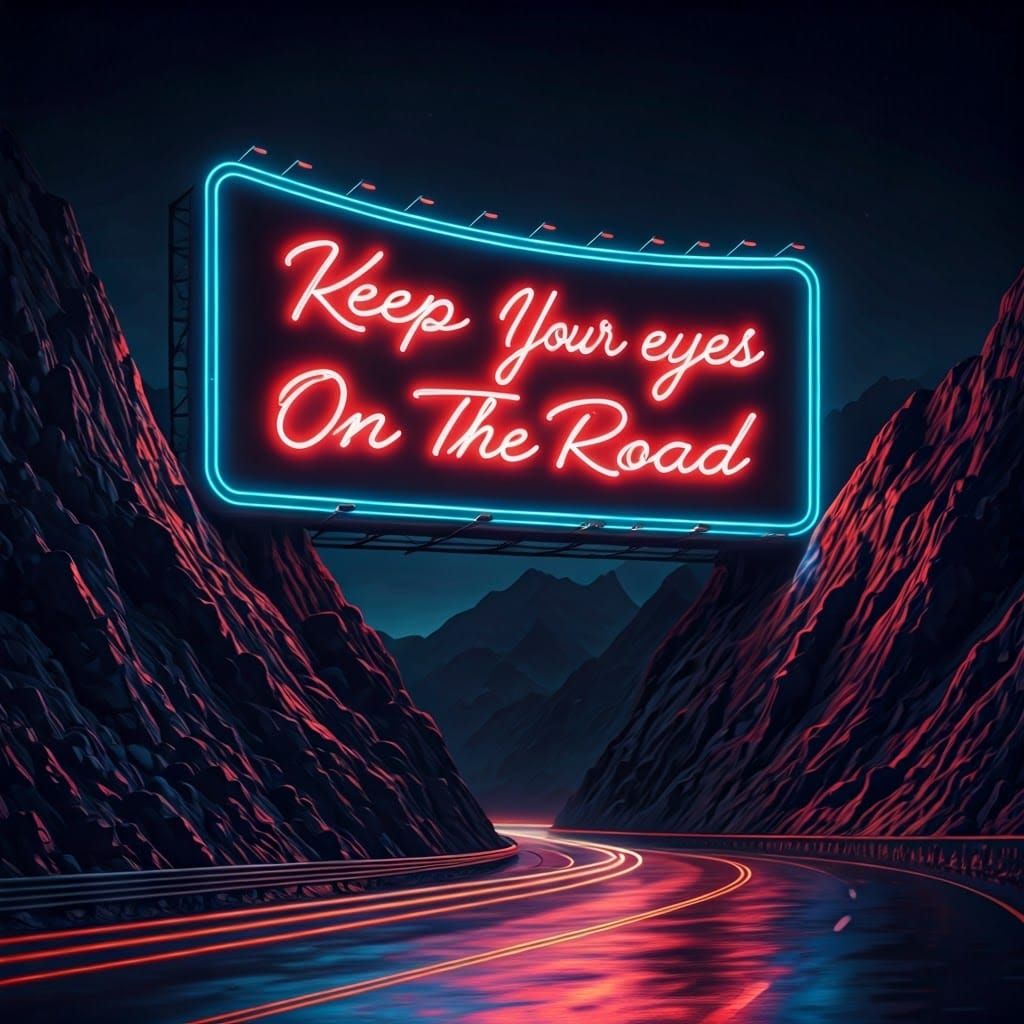 Ethereal Neon Billboard in a Dark Mountain Pass