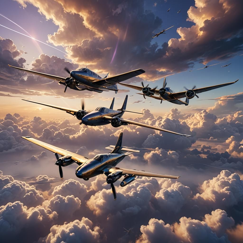 Futuristic Aircraft Soar Over Dawn Clouds