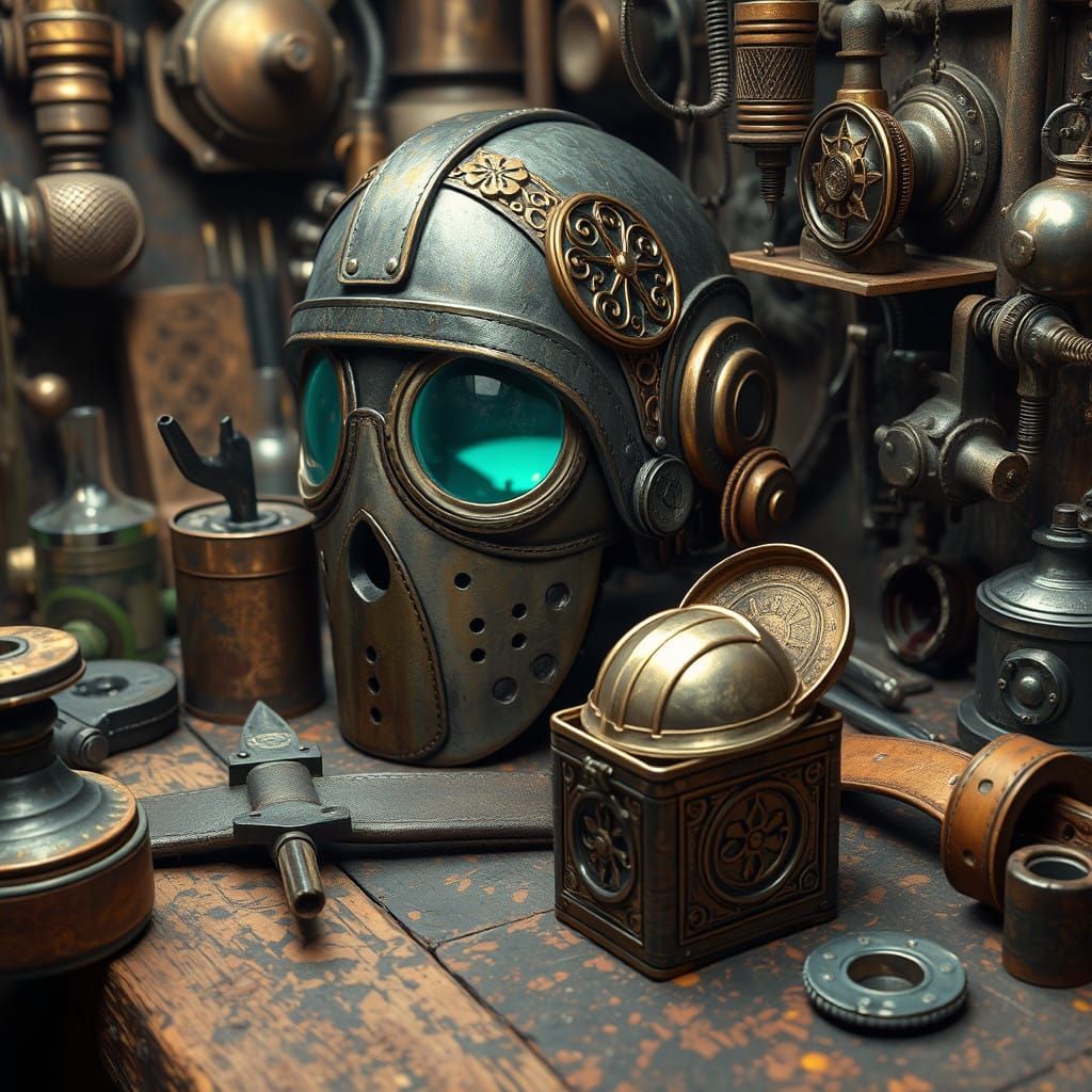 Steam Punk Inventor's Workshop in a Cyberpunk Aesthetic