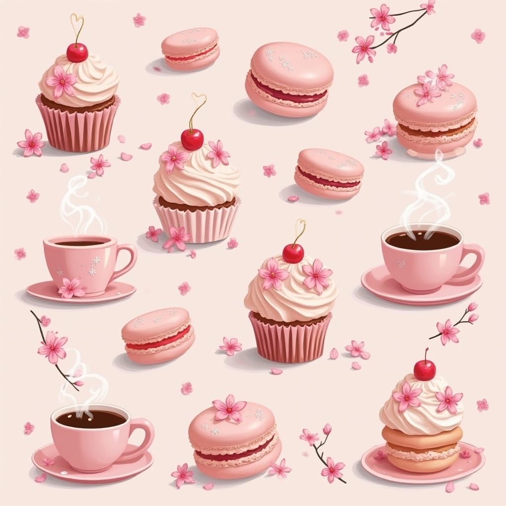 Cherry Blossom Pastries and Coffee in Pop Art Style