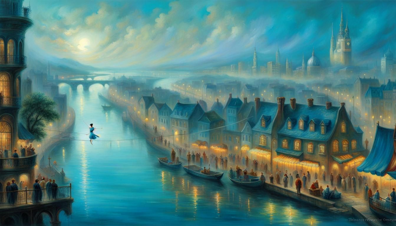 Ethereal City Tightrope Walker in Kinkade Style