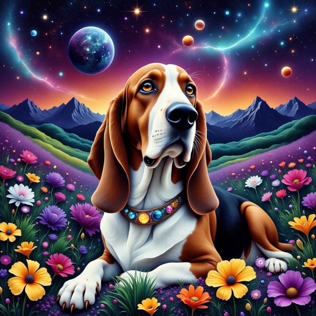 Bassett Hound in Wildflowers Under Cosmic Sky