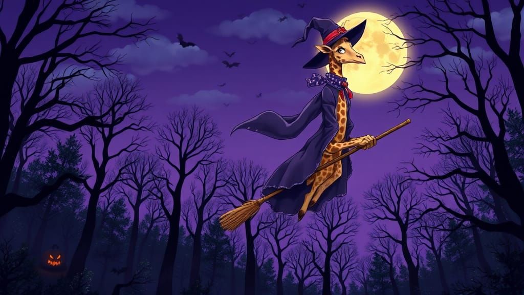 Giraffe Witch Soaring Through Spooky Woods in Anime Style