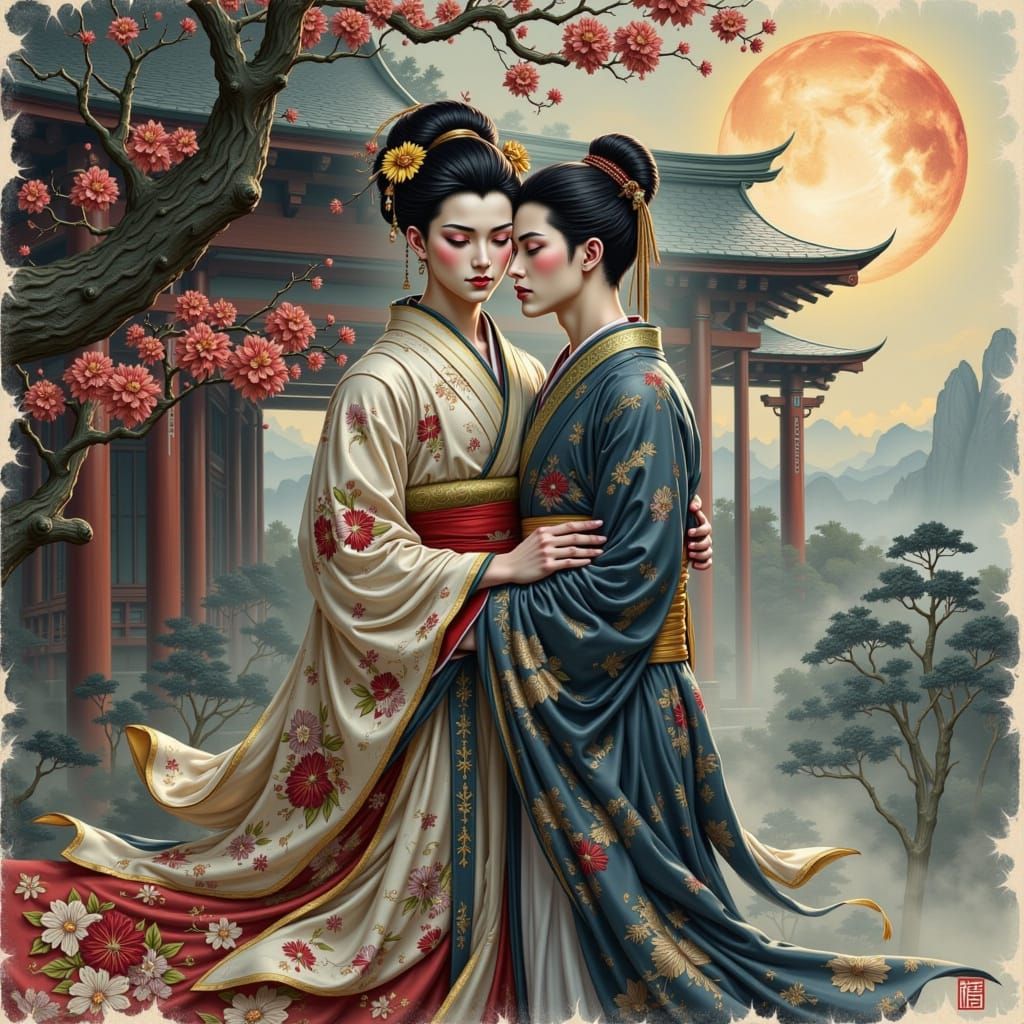 Geisha and Samurai Embrace Before Watercolor Temple