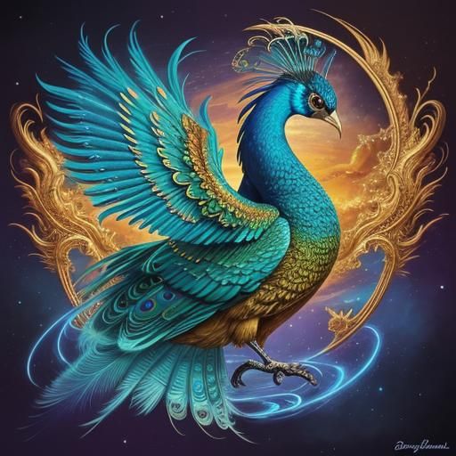 Majestic Iridescent Peacock-Phoenix Hybrid in Surreal Style