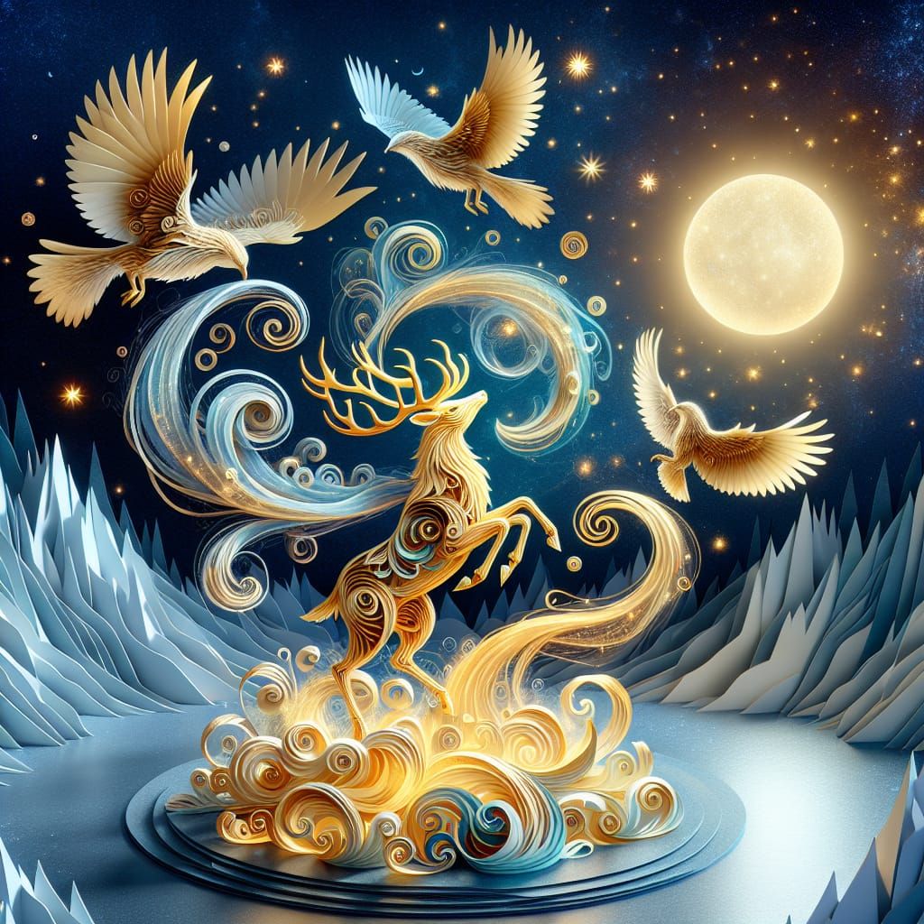 Golden Stag Leaping in Celestial Paper-Craft Style