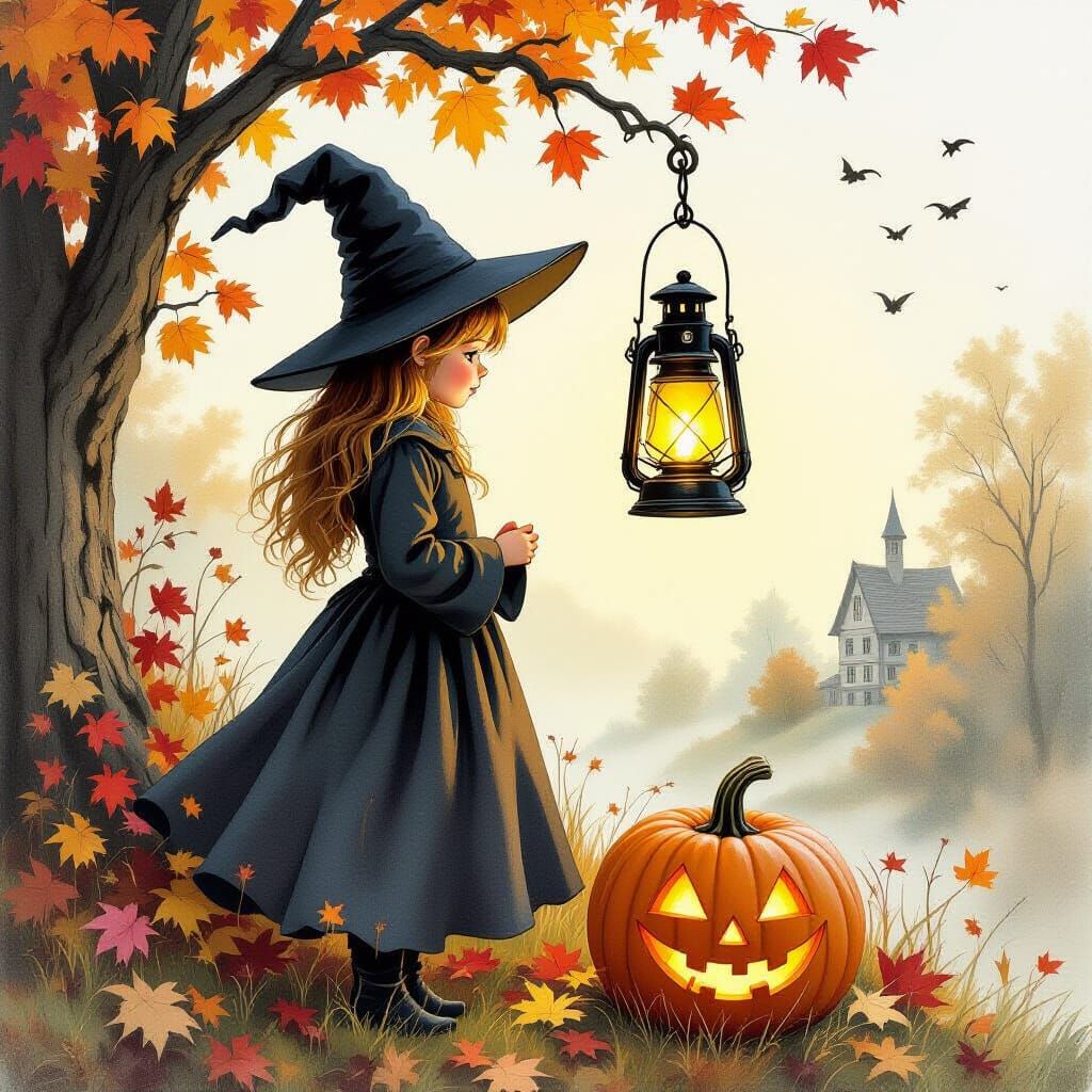 Autumn Witch with Lantern and Pumpkin in Watercolor Style