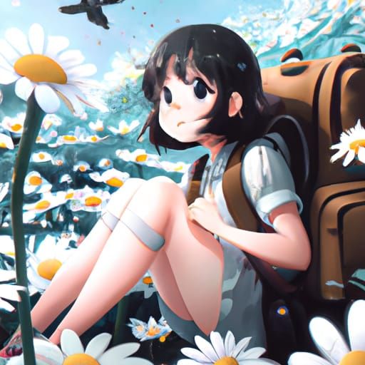 Anime Girl on Daisy, Ghibli-Style Visual